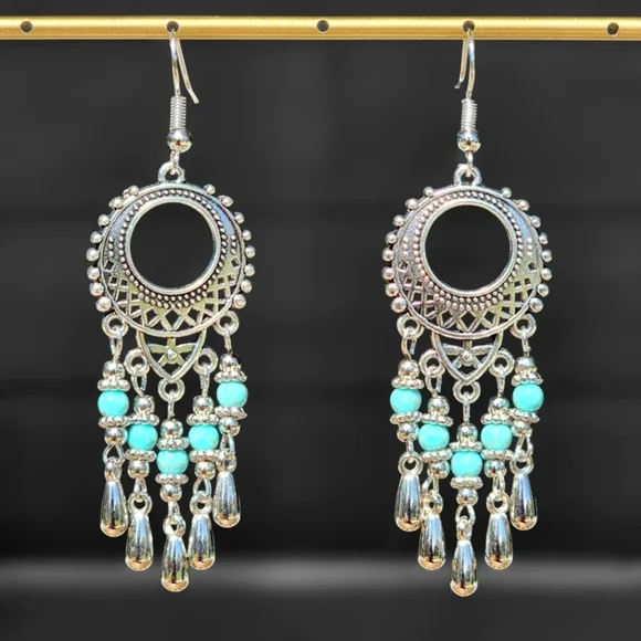 Dream Catcher Earrings Howlite Turquoise Bohemian Dangle Tribal Ethnic Blue - Picture 1 of 3